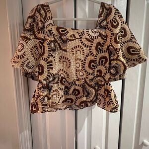 Marie Oliver Cream and Brown Puff Sleeve Crop Blouse
